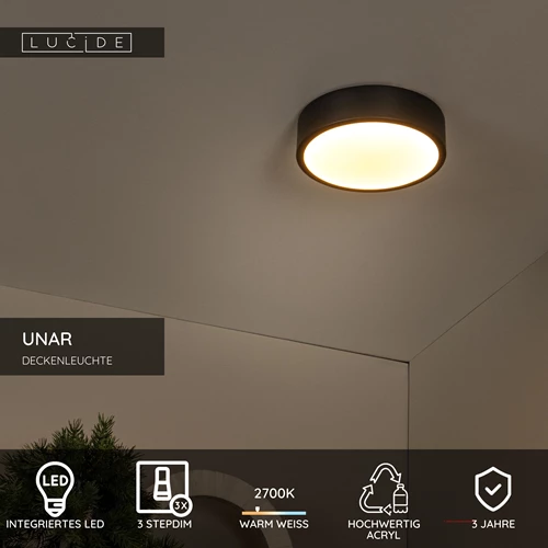 Lucide UNAR - Deckenleuchte - Ø 20 cm - LED 3 StepDim - 1x12W 2700K - Schwarz - USP